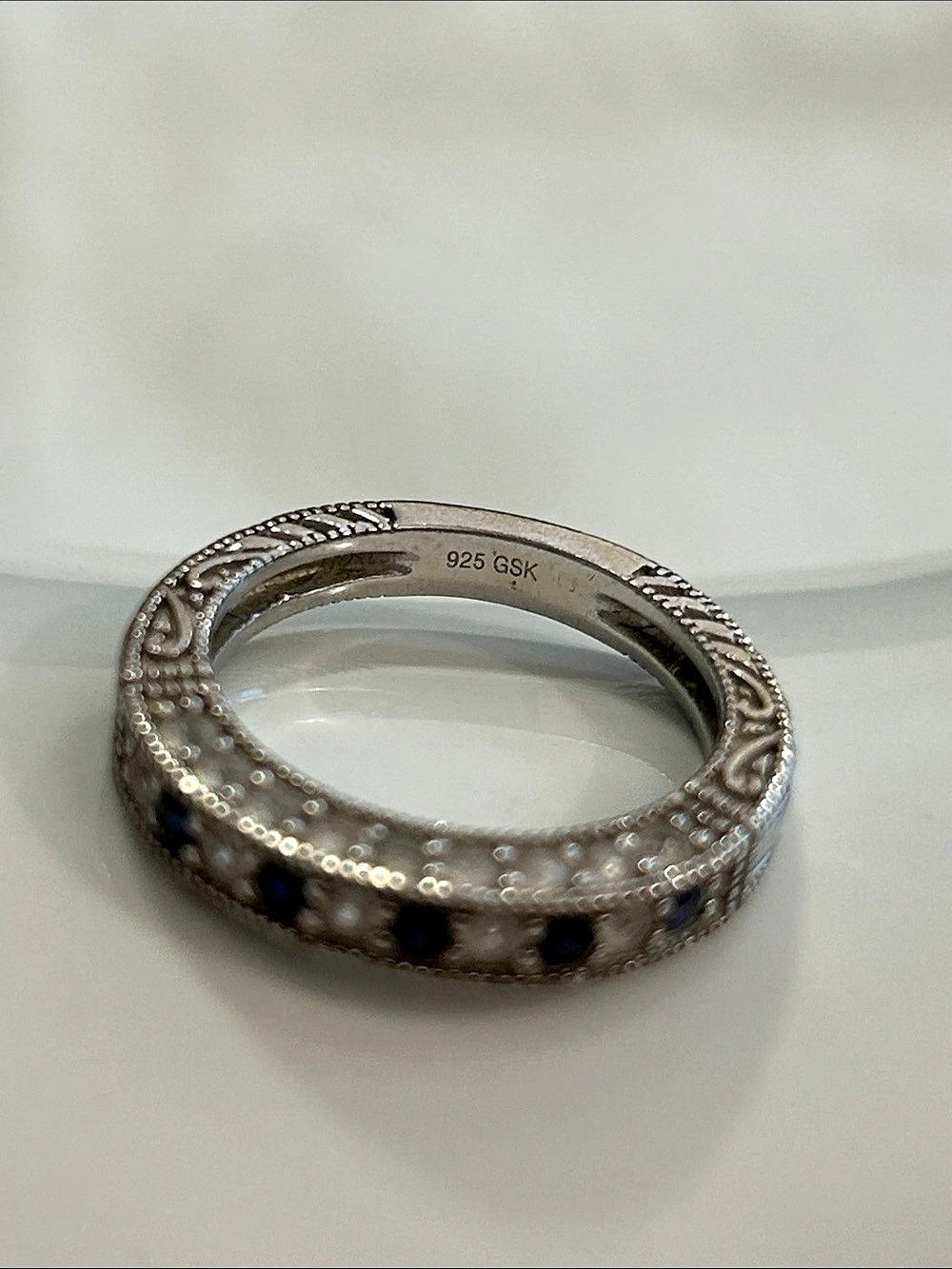 Sterling Silver Blue Sapphire & CZ Stone & Scrollwork Ring